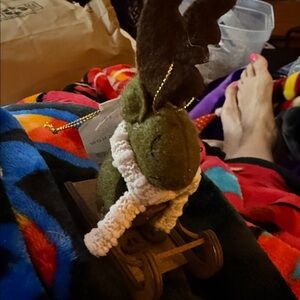 NWT Green Felt Moose Ornament with Scarf on sled (5 available)